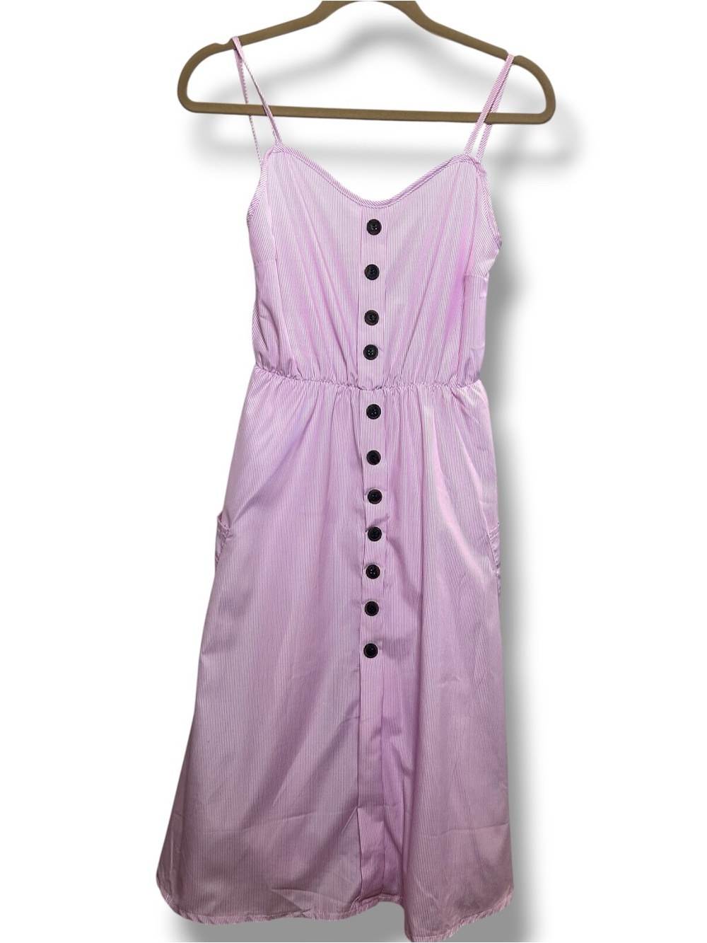 Vintage Pink & White Pinstripe Sundress Spaghetti Strap Summer Midi Dress Pocket
